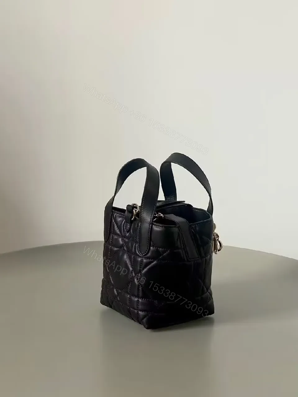 View 3 of Quilted Black Leather Mini Tote with Gold Hardware