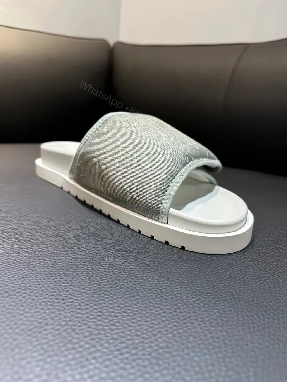 View 4 of Denim-Trim Monogram Slides: chic, all-day comfort