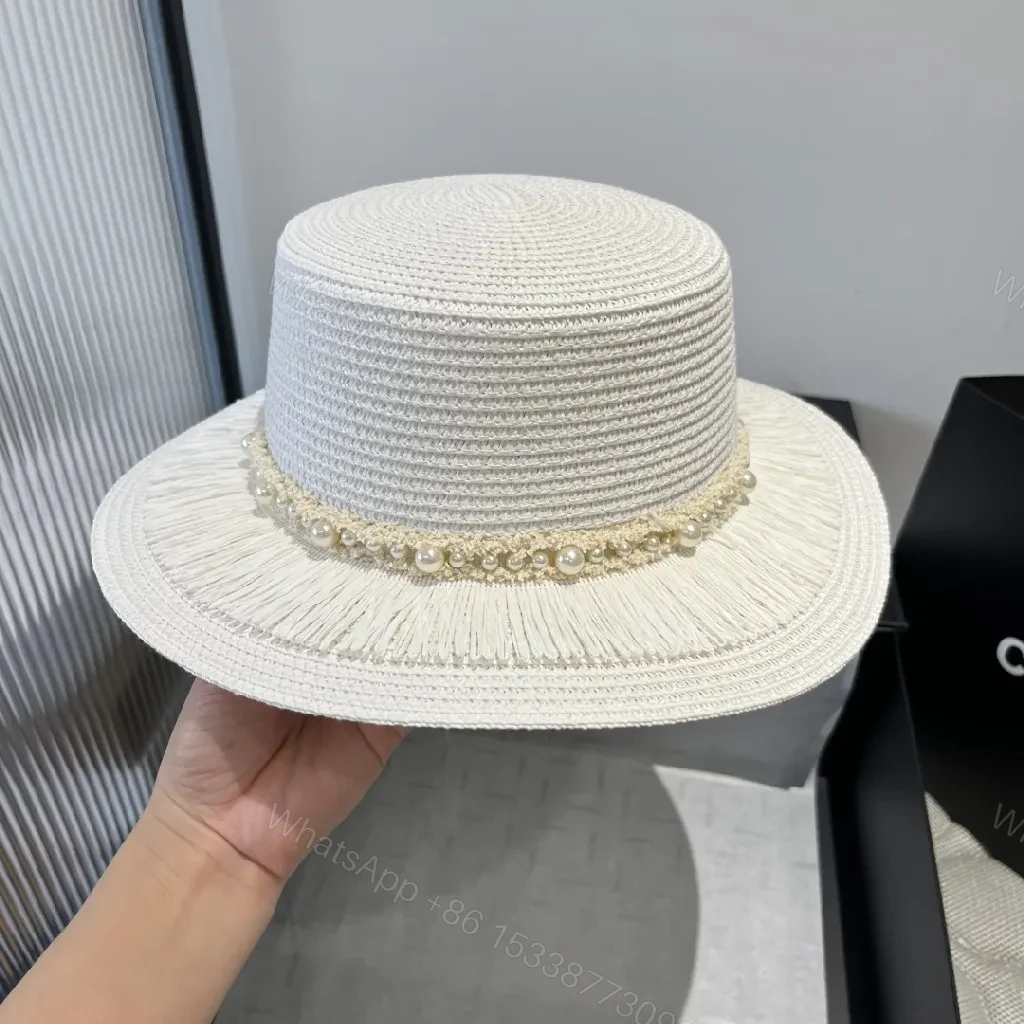 View 4 of Pearl-Trim Straw Hat: Luxe Chic, Effortless Style, Wide Brim
