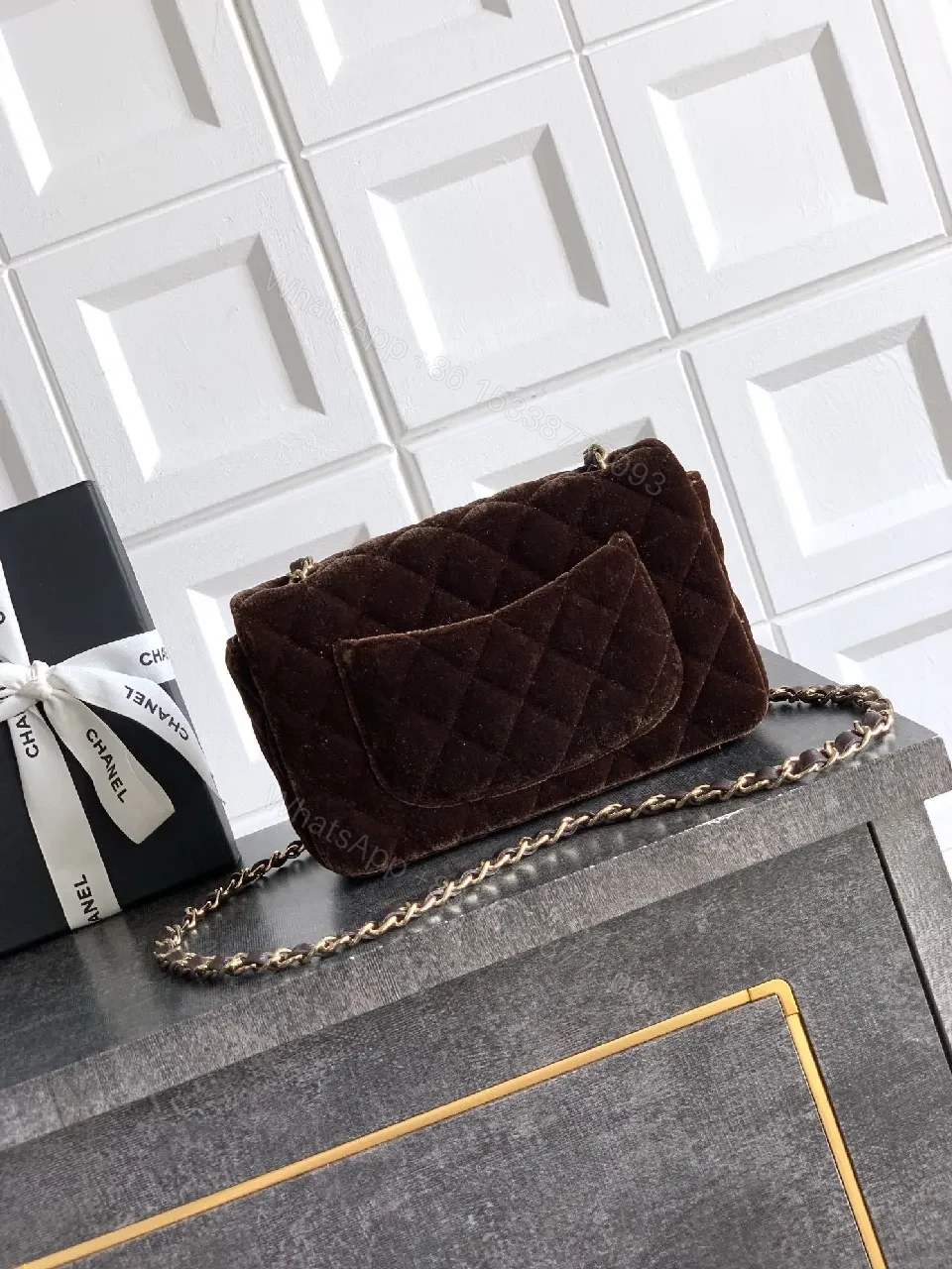 View 8 of Velvet Quilted Crossbody Bag: Gold Logo Flair