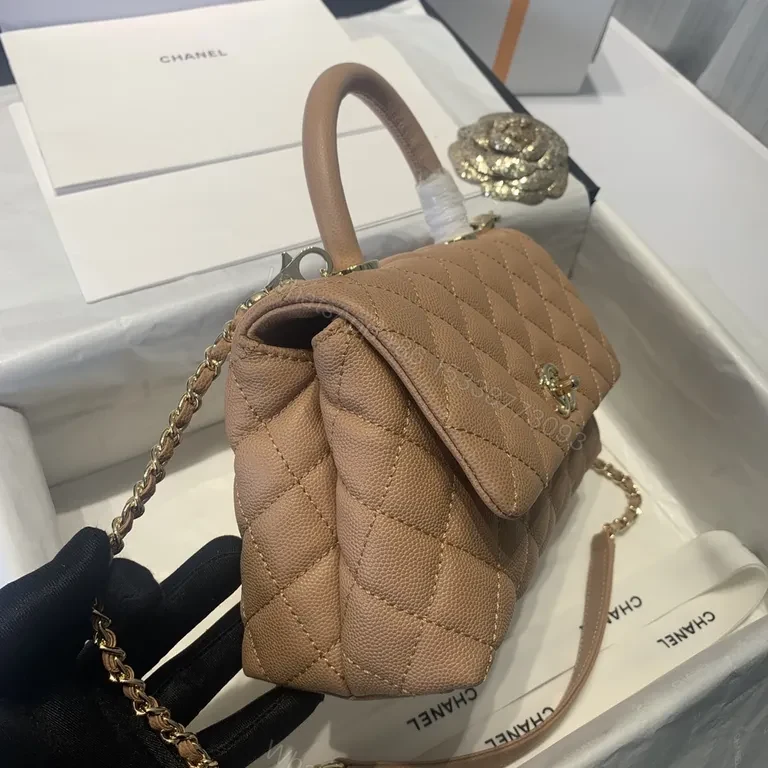 View 9 of Chic Quilted Tan Leather Handbag with Chain Accent