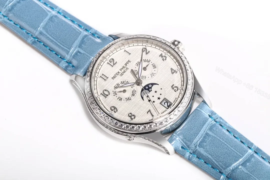 View 9 of Patek Philippe Complications Series Annual Calendar Moon Phase Women’s Watch 4947R/4947G 4948R/4948G White Dial with Blue Leather Strap Diamond Set Case