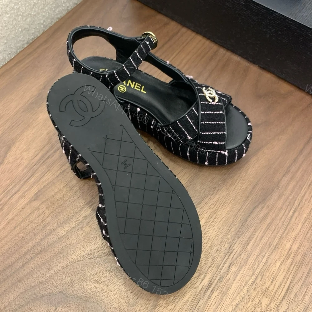 View 4 of CHANEL COTTON TWEED CC PLATFORM SANDALS BLACK WHITE