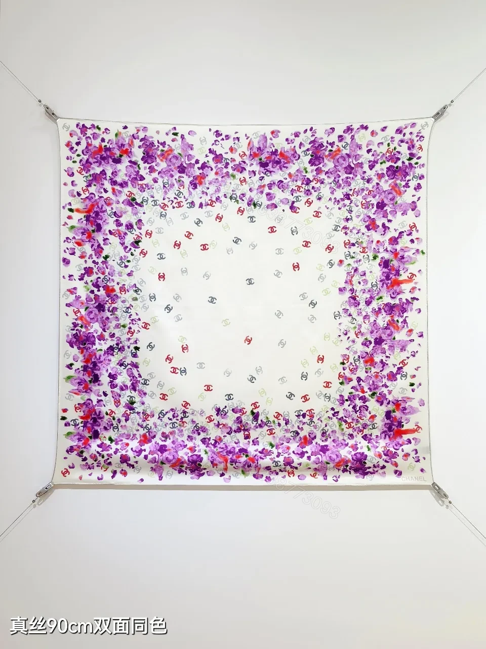 Purple Silk Scarf: Floral Frame, Subtle Logo Detailing, 90cm square — view 1