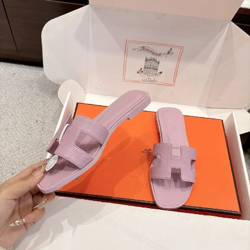 Pastel Lavender Leather Sandals: Luxury Comfort Slide with H Motif — view 1