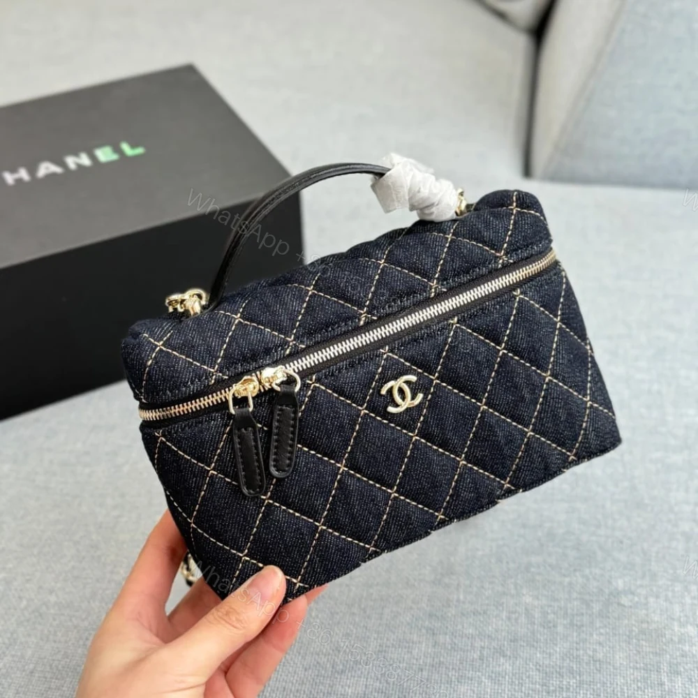 View 7 of Chanel Classic Vanity with Chain Gold Metal Denim Dark Blue 19cm
