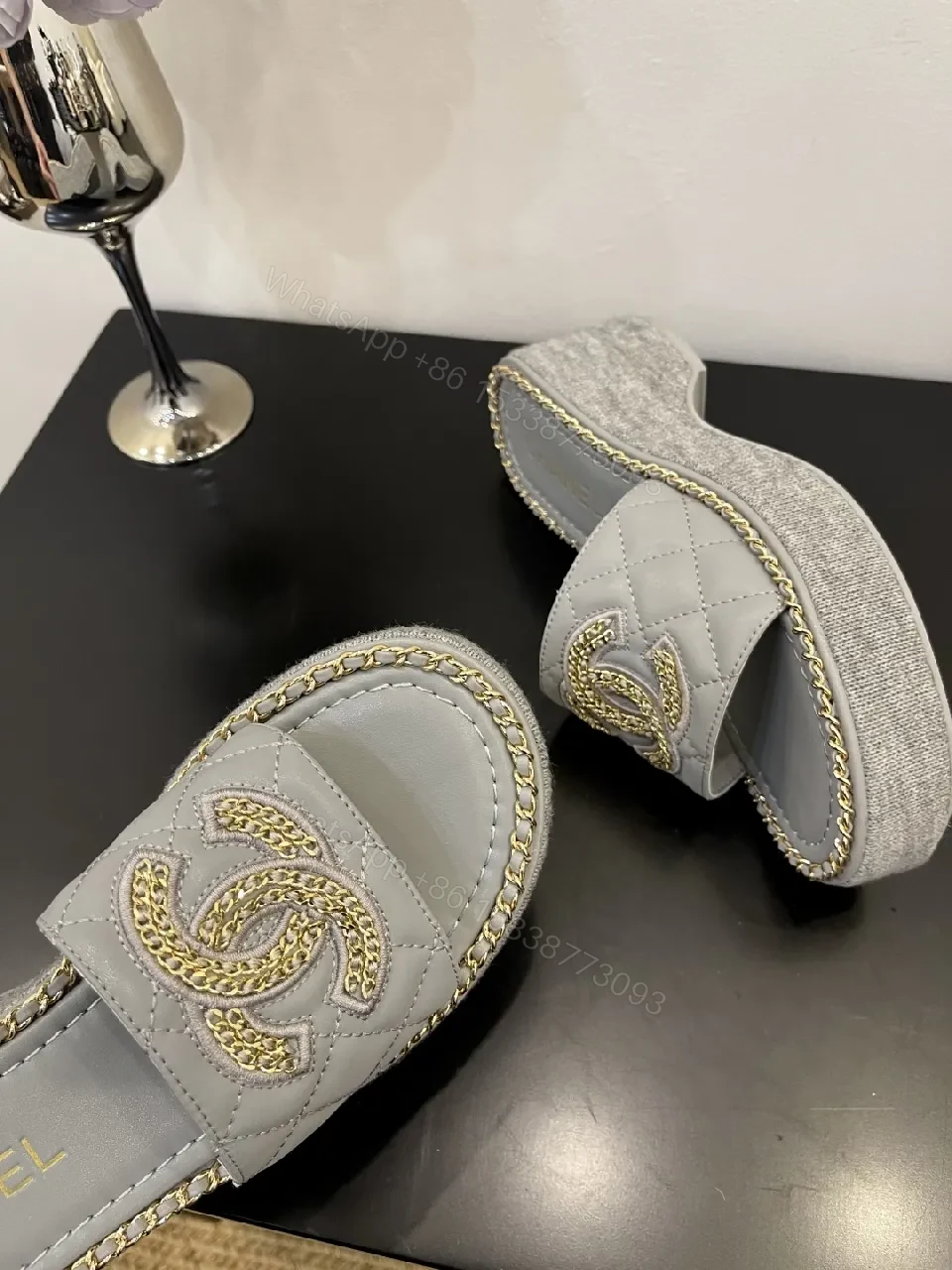 View 6 of Grey Leather Slip-On Sandals with Gold Chain Logo