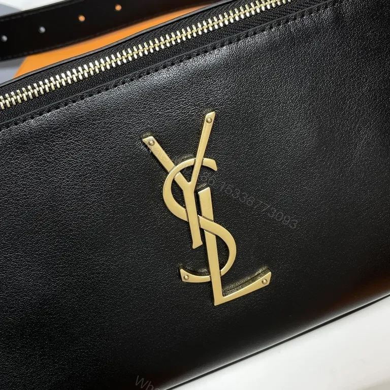 View 3 of Compact Luxe Belt Bag: YSL Monogram, Black Leather, Gold-Hardware
