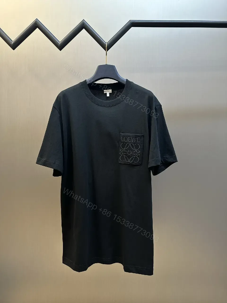 View 8 of Black Cotton T-Shirt Minimalist Logo Pocket Crew Neck Tee