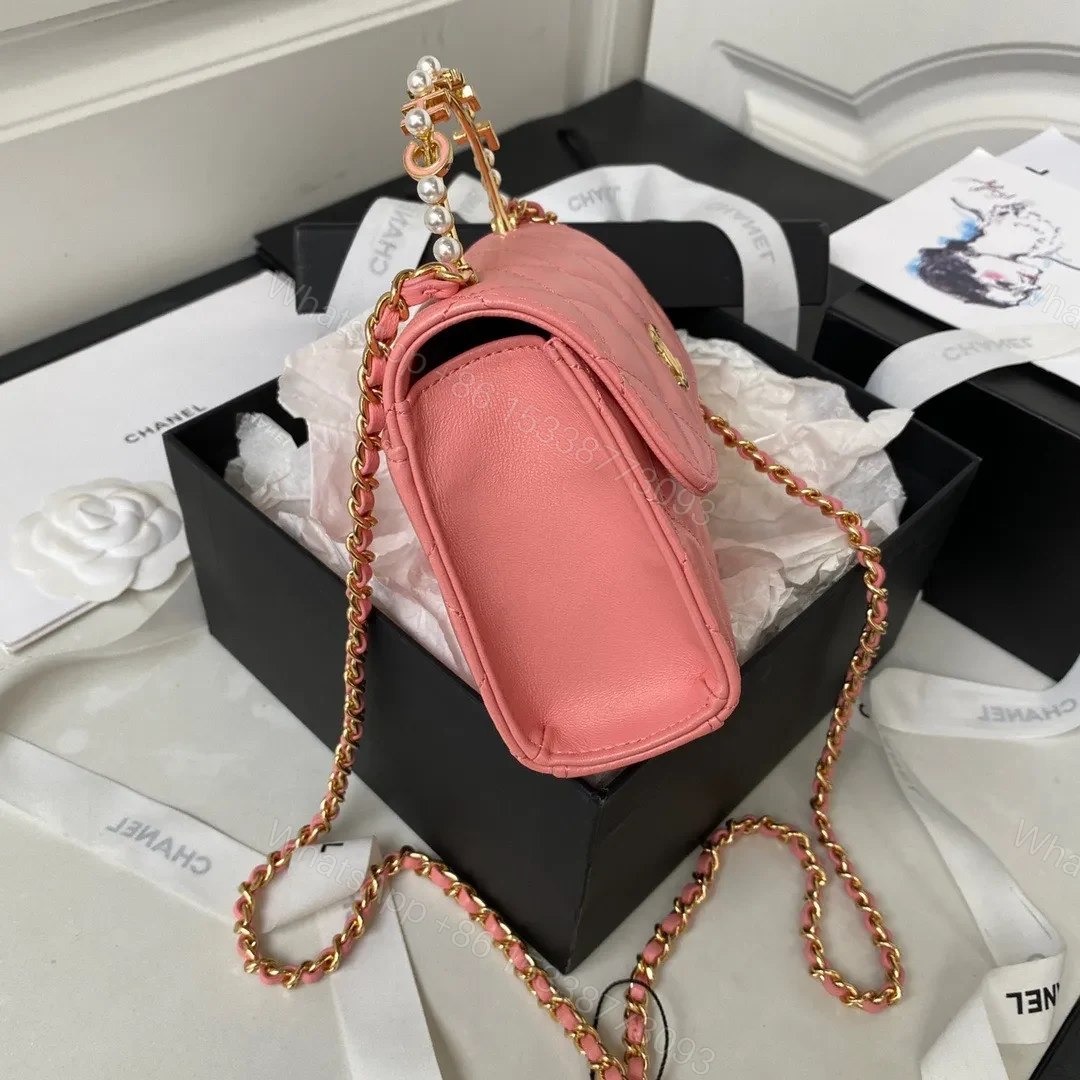 View 9 of Chanel Woc Pink Handbags With Pearl Handle 11.5×14.5×5.5cm