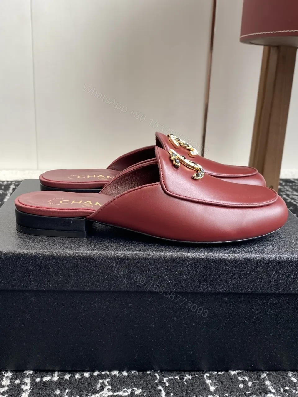 View 4 of Red Leather Mule, Gold Chain, Slip-On Chic, All-Day Comfort, Mule