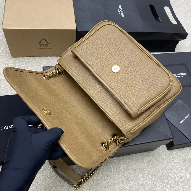 View 9 of Structured Pebble-Leather YSL Monogram Bag, Gold Hardware, Crossbody/Shoulder
