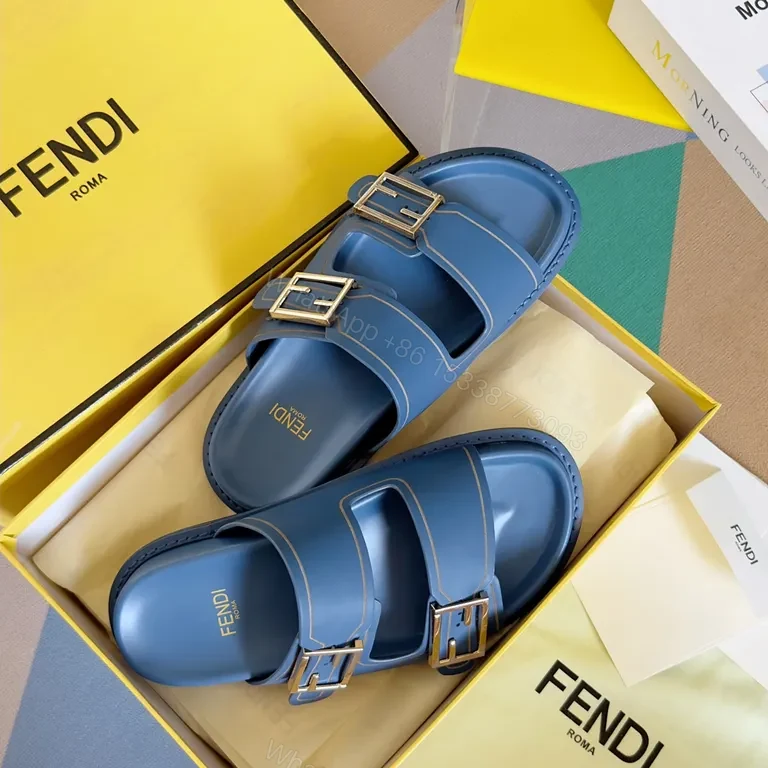 View 5 of Sky-Blue Fendi Leather Slide with Architectural Straps