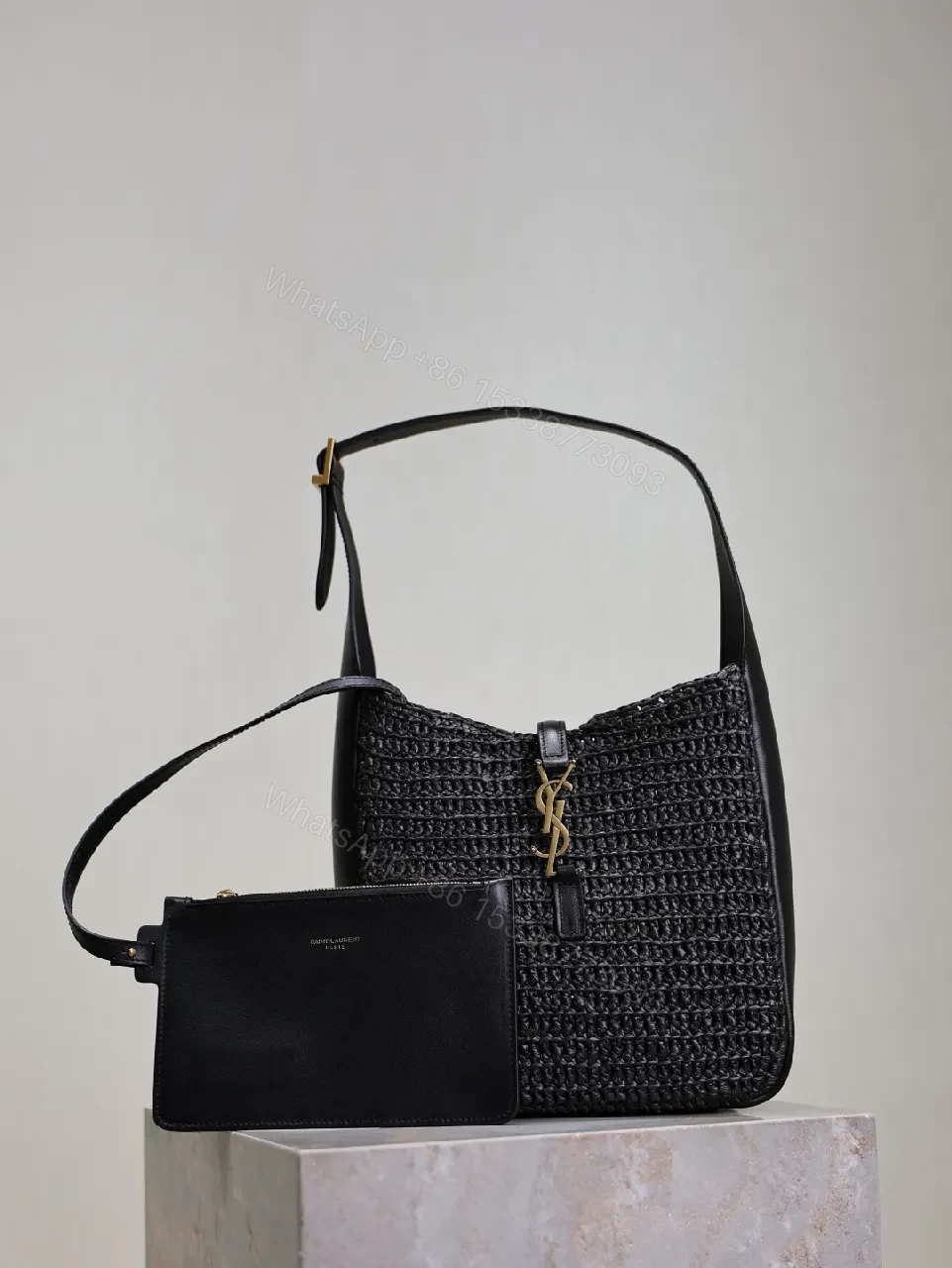Compact Woven Leather Hobo with Chain-Accent Black Leather Bag — view 1