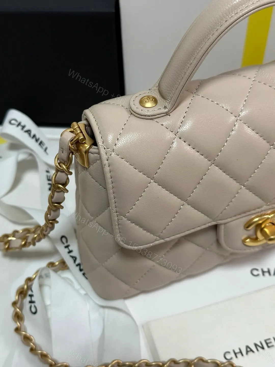 View 3 of Chanel Beige Leather Small Top Handle Flap Bag