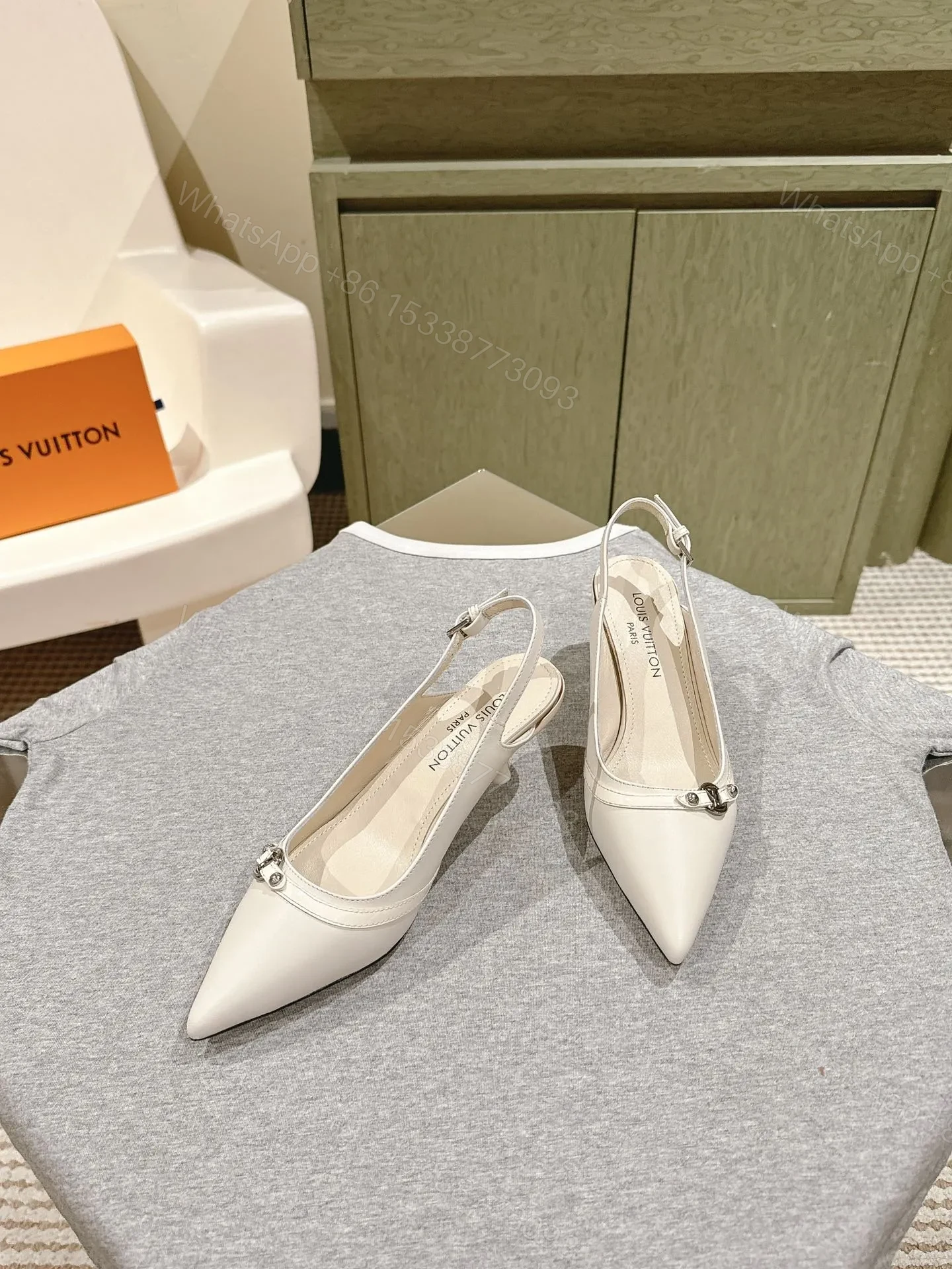 View 3 of LV Women White Leather Pointed Slingback Heels