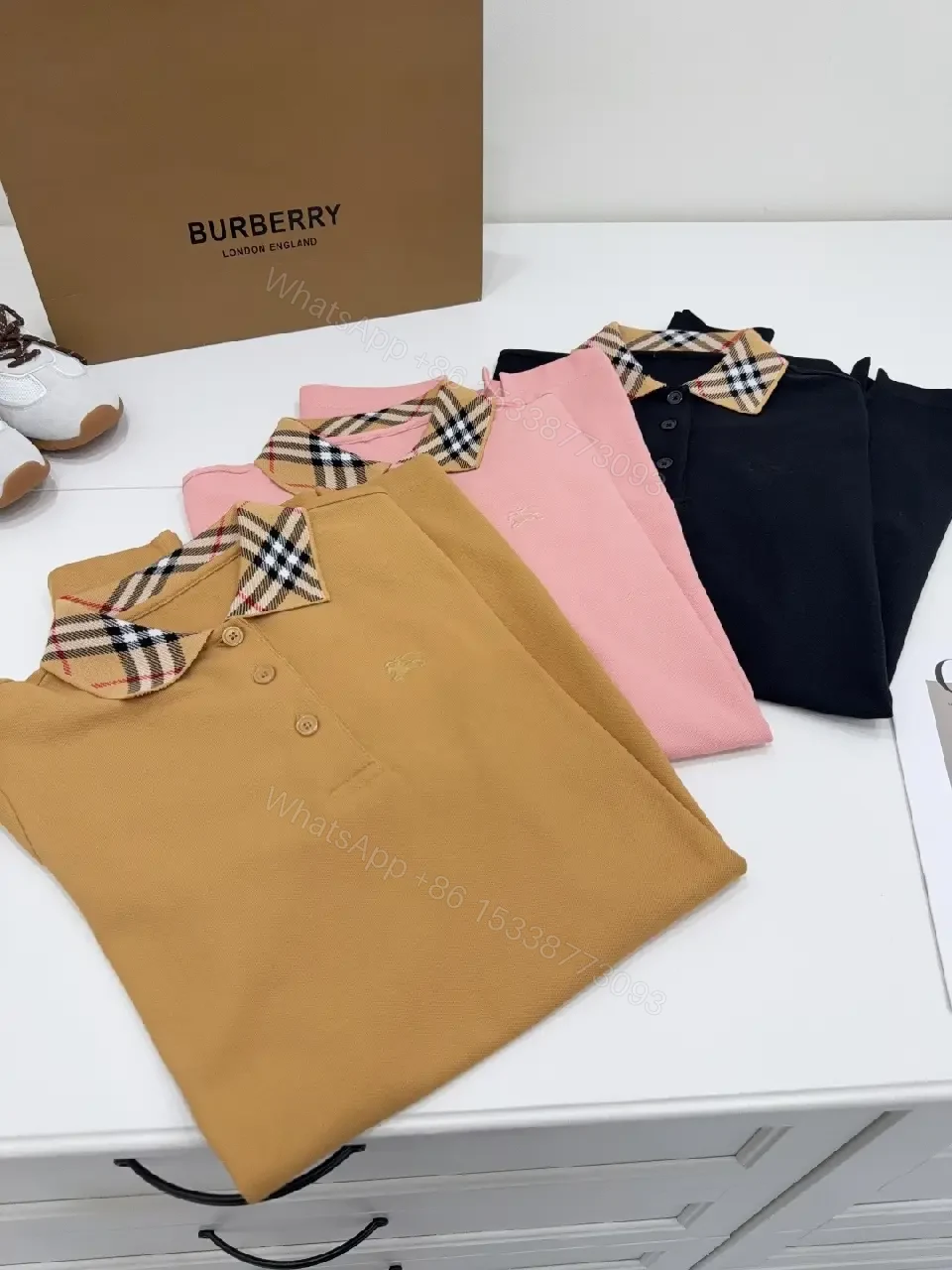 View 4 of Mustard Cotton Polo with Burberry-Style Plaid Collar