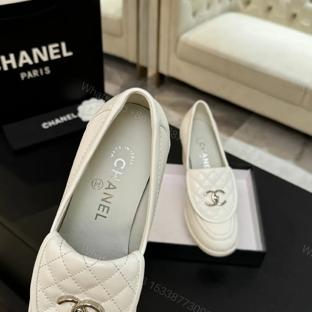View 7 of Cream Leather Quilted Loafers with Signature Detail - Slip-On Style