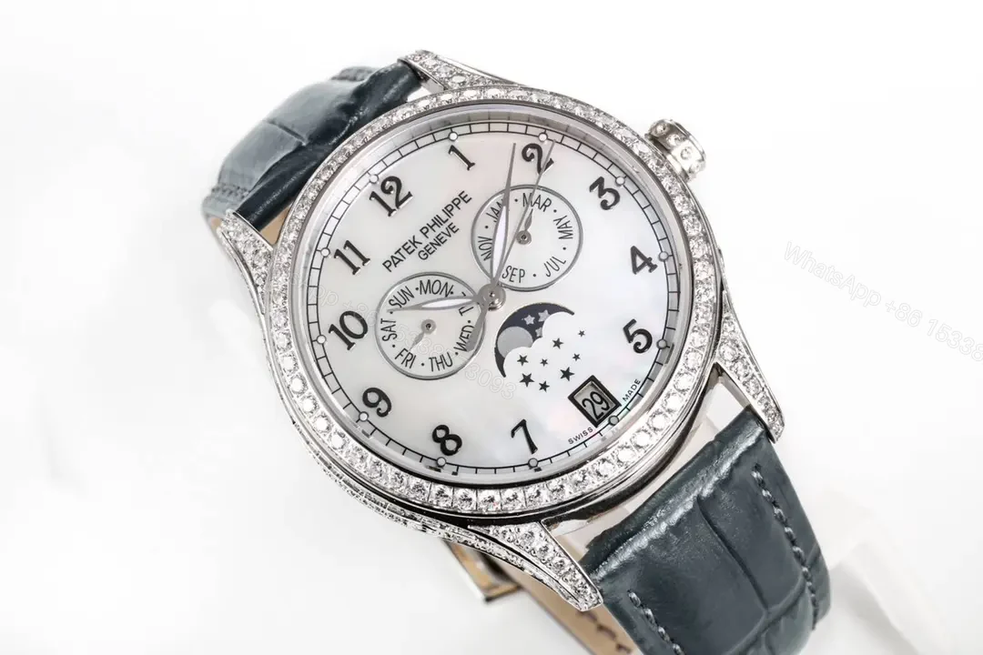 View 3 of Patek Philippe Complications Annual Calendar Moon Phase Women’s Watch 4947R/4947G 4948R/4948G Rose Gold/White Gold Diamond Set Case Black Leather Strap