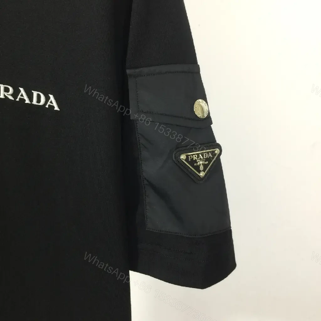 View 2 of Black Jersey Hooded Tee with Minimal Prada Detail