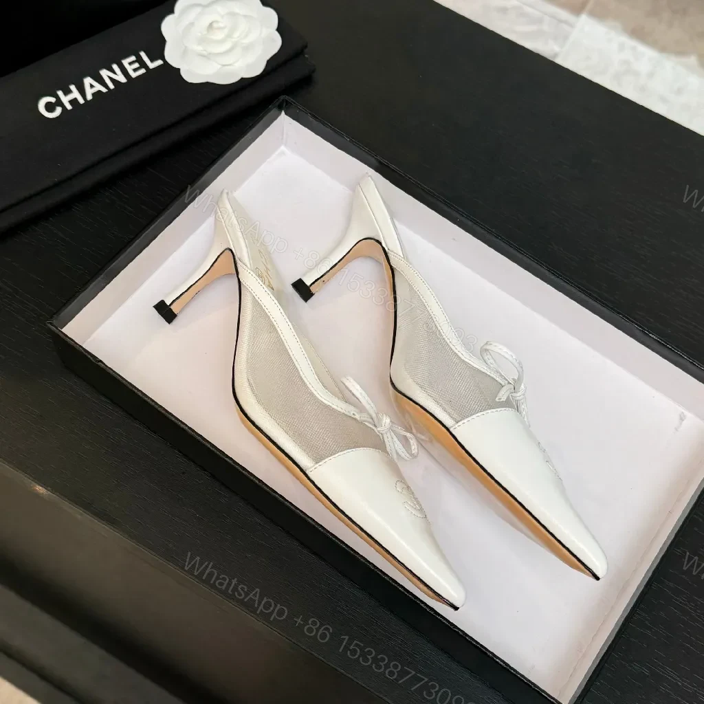 View 6 of White Leather Slingback Heels with Satin Mesh Inset, Pointed Toe, Kitten Heel
