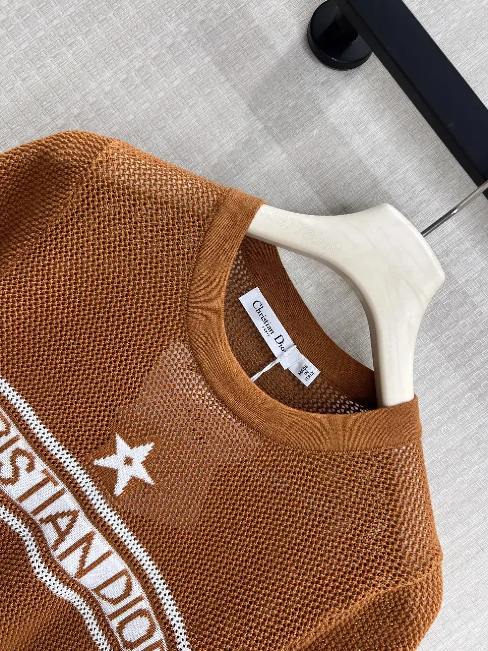 View 3 of Warm Brown Knit Top with White CH RISTIAN DIOR Band, Star, Open Weave Short Sleeve