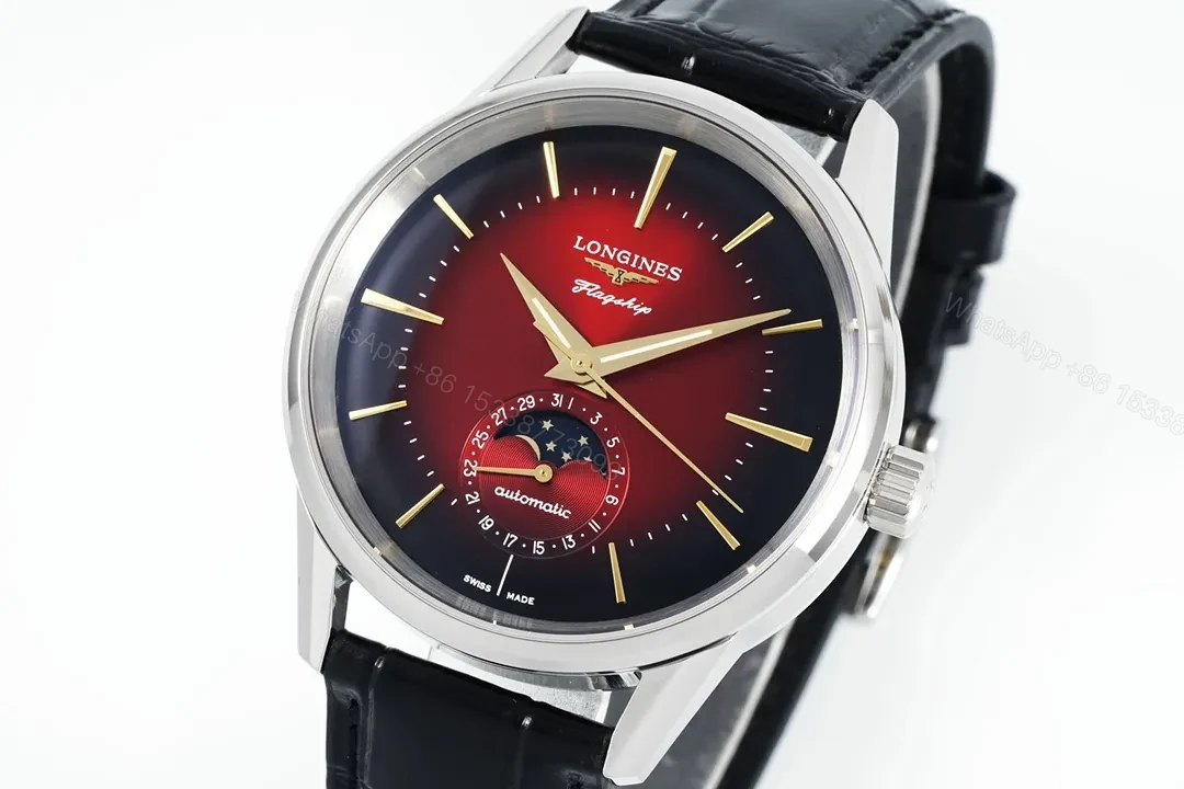 View 3 of Longines Flagship Classic Red Dial Moon Phase Automatic Watch with Black Leather Strap