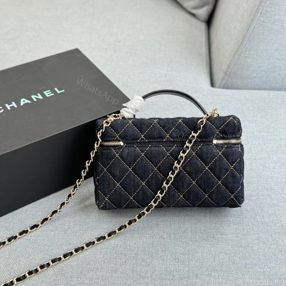 View 3 of Chanel Classic Vanity with Chain Gold Metal Denim Dark Blue 19cm