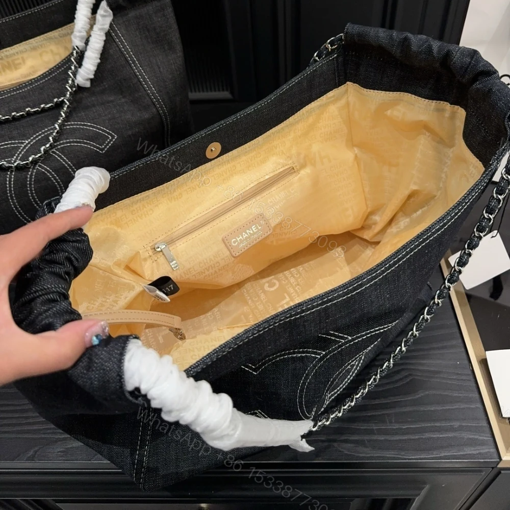 View 9 of Chanel Large Tote Bag Black Denim Chain Strap 36Cm
