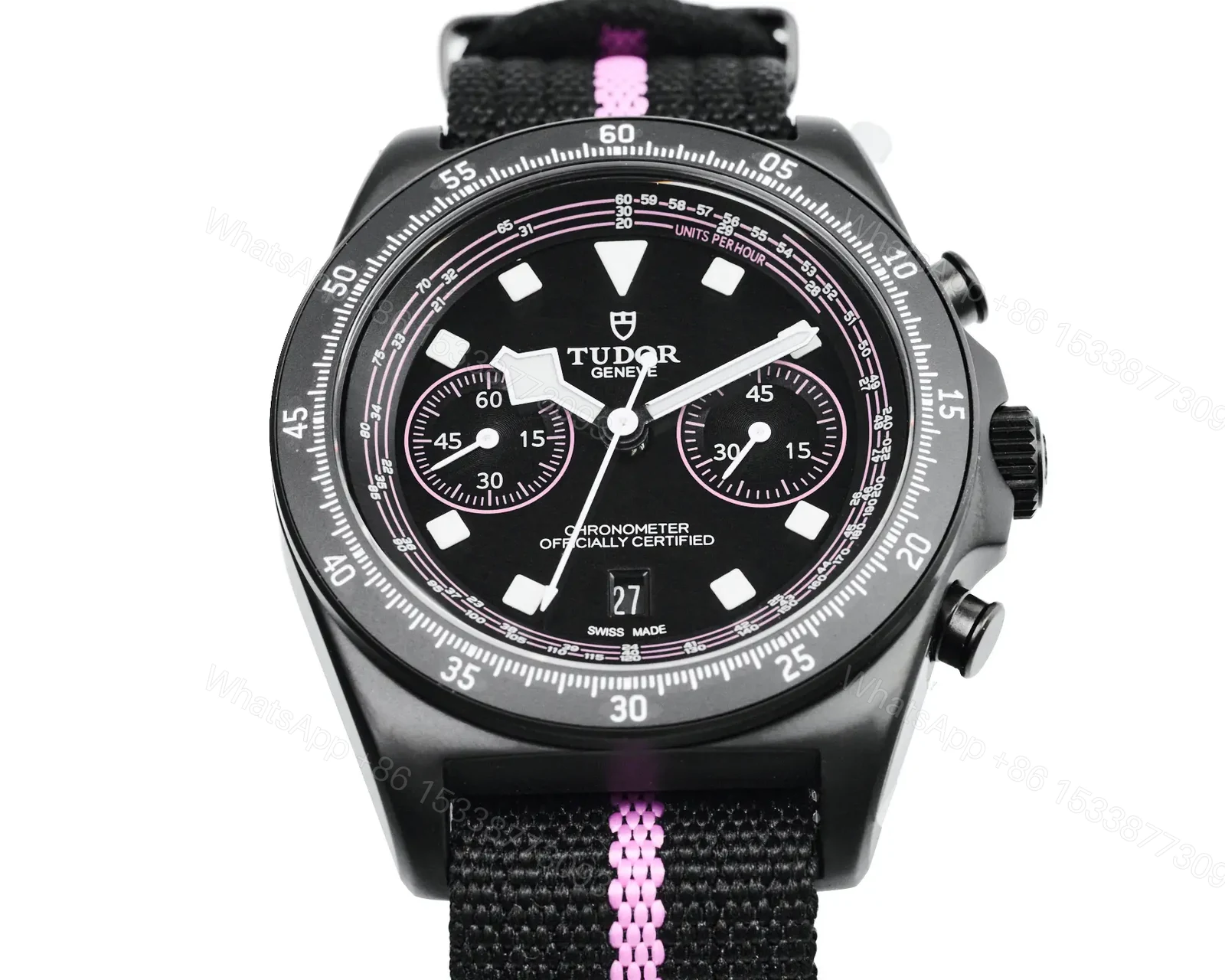 View 2 of Tudor FXD Chronograph Black Dial Pink Stripe Fabric Strap Premium 43MM TUD-FXD-CHRONO-BLK-PNK-FAB-43
