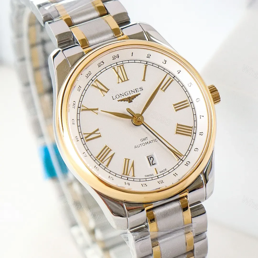 View 5 of Longines Master Classic Re Edition GMT Two Time Zone Watch White Dial Two Tone Stainless Steel and Rose Gold Bracelet 40mm Case Italian Grey Leather Strap Option