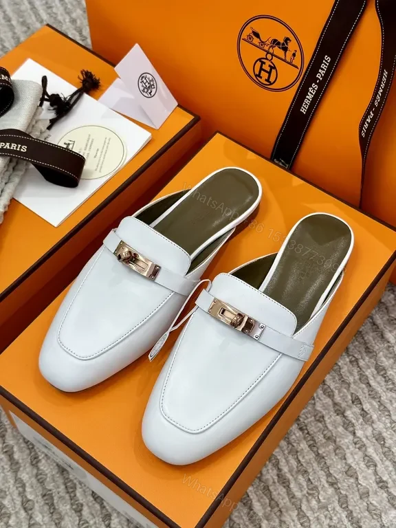 View 6 of White Leather Mule with Gold Horsebit - Premium Calfskin Slip-On