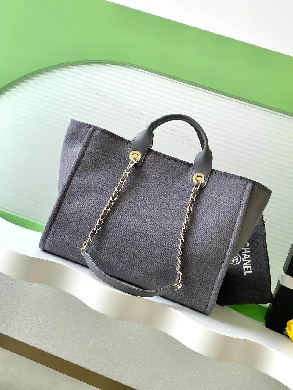 View 5 of Charcoal Canvas Tote: Leather Handles, Chain Accent, Structured Designer-Inspired Tote