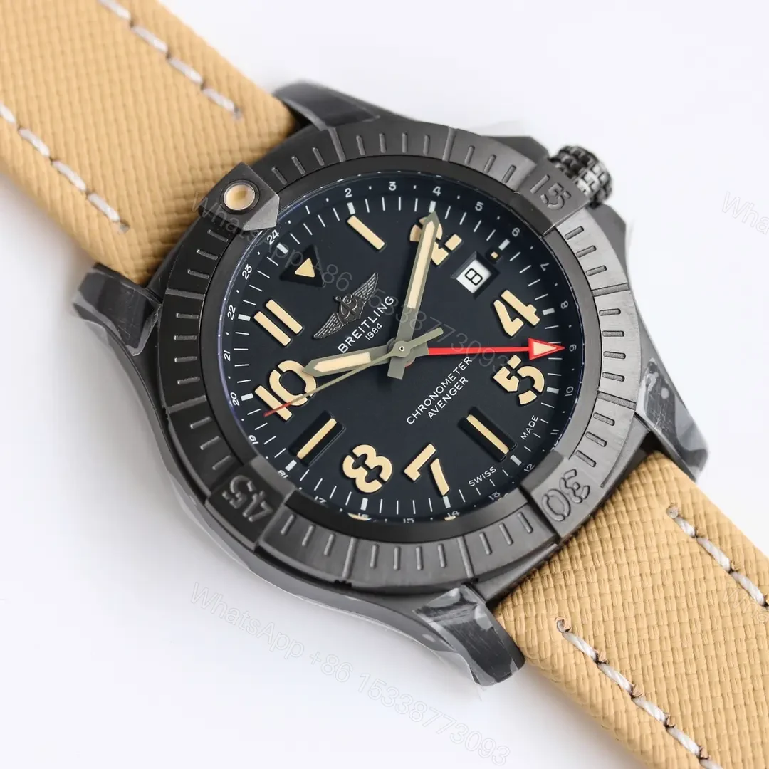 View 2 of V9 Factory Breitling Avenger Automatic GMT 45 Night Mission Watch – Black DLC Titanium Case, Beige Leather Strap, Super-LumiNova Arabic Numerals