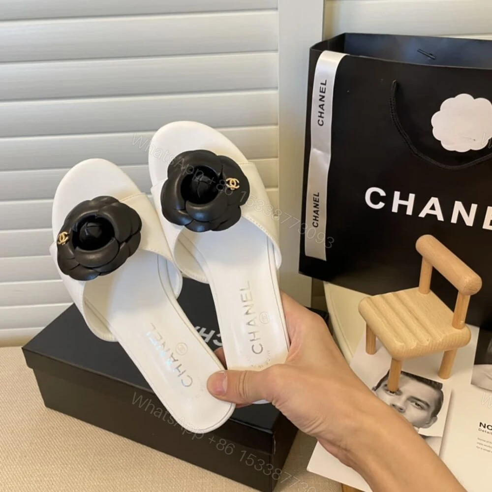 View 5 of Chanel Black Camellia Slides White
