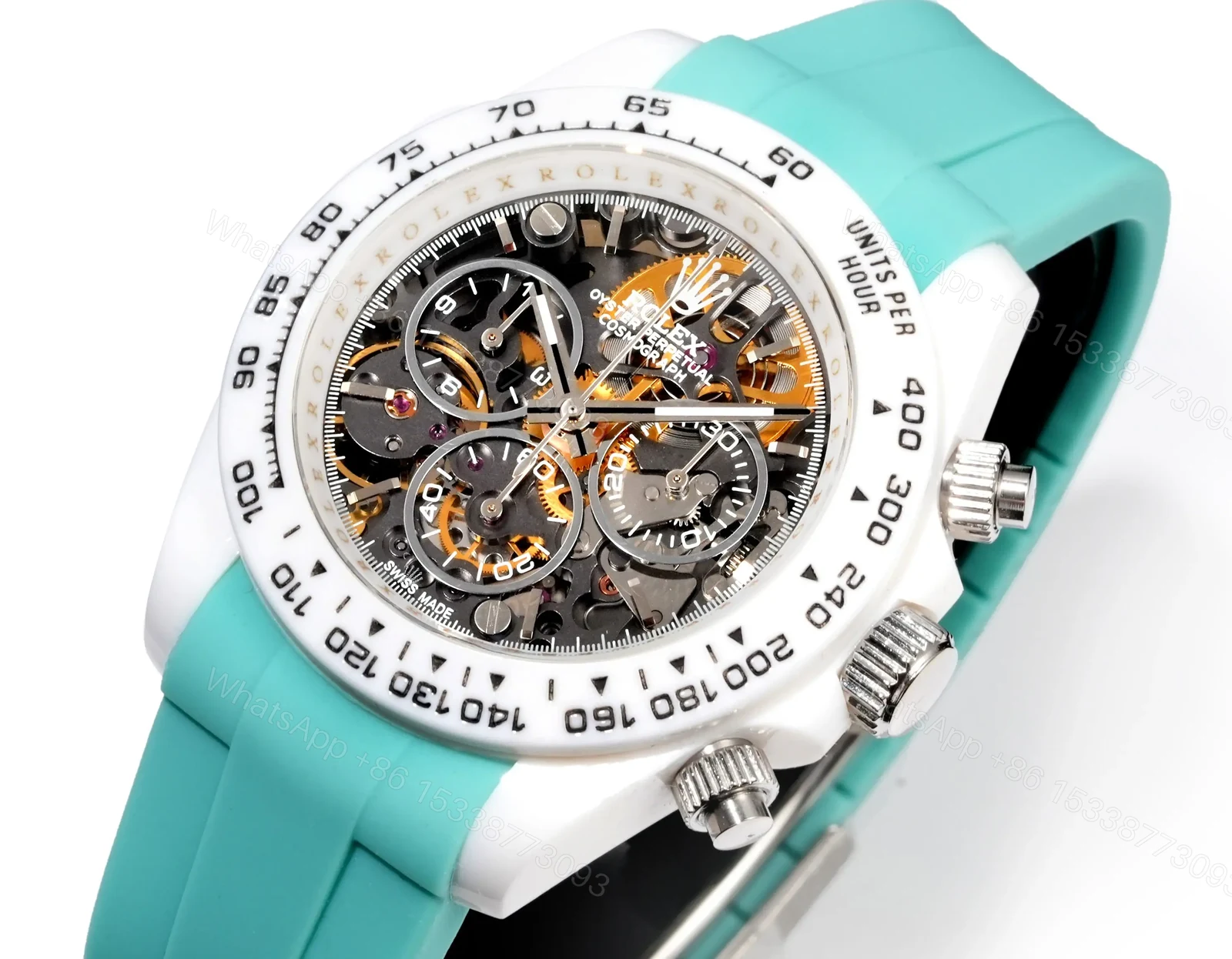 View 5 of Rolex Daytona Abu Dhabi Skeleton replica 40MM Turquoise Rubber Strap Edition RG-DAYTONA-ABU-DHABI-SKELETON-TURQUOISE-40