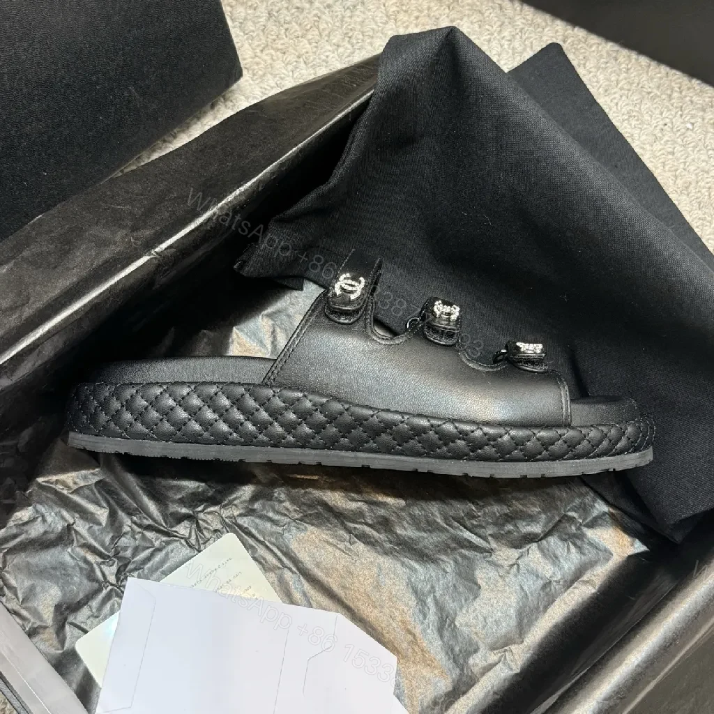 View 9 of Minimalist Black Leather Sandals with Subtle Logo Hardware