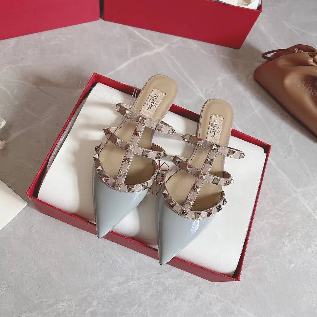 View 2 of Valentino Women Light Blue Patent Leather Studded Mules