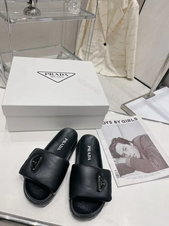 View 3 of Black Leather Prada-Style Minimalist Slide with Logo & Lug Outsole