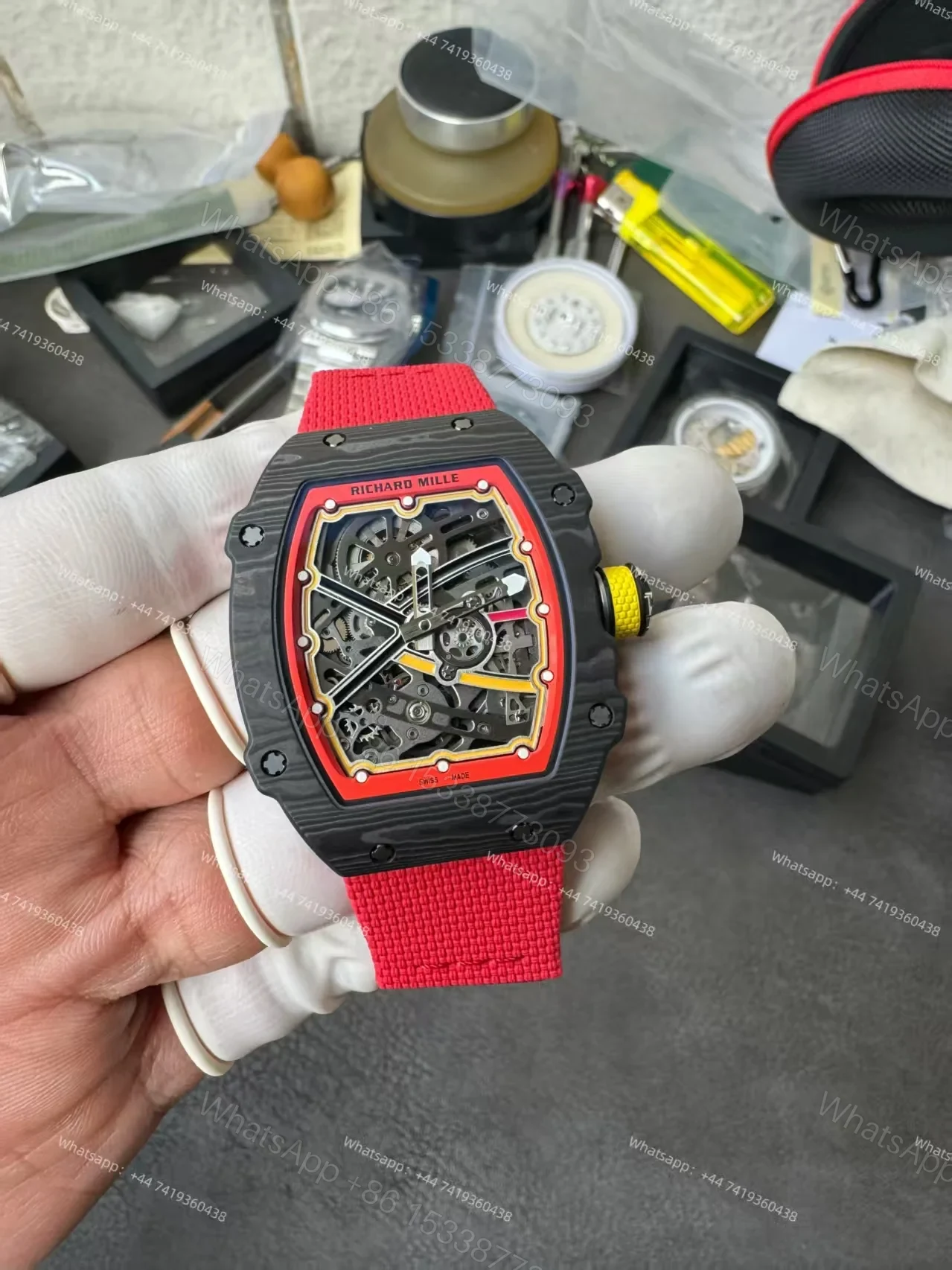 View 2 of Super Clone Richard Mille RM67-02 Carbon TPT Skeleton Tourbillon 1:1 Replica Watch with Red Strap