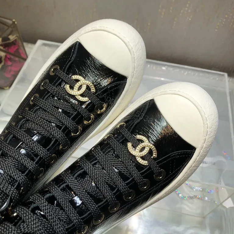 View 2 of Chanel-Inspired Black Patent High-Top Sneakers with Gold Logo