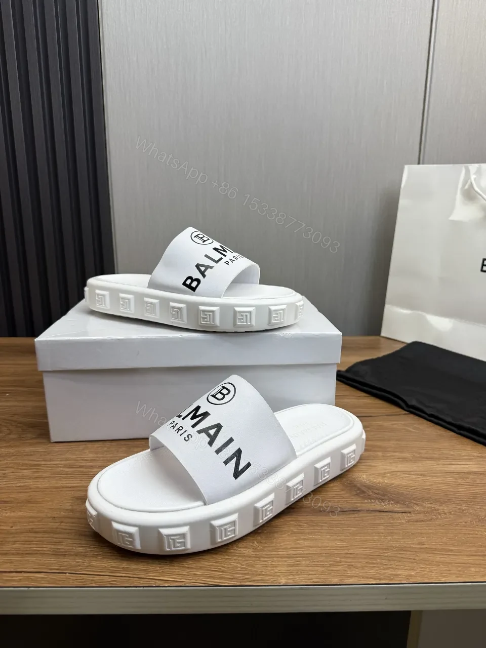 View 4 of White Slip-On with Bold Logo Band, Minimalist Comfort Slide