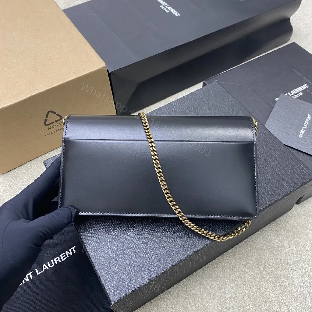 View 8 of Chic Black Leather Shoulder Clutch with Gold Logo