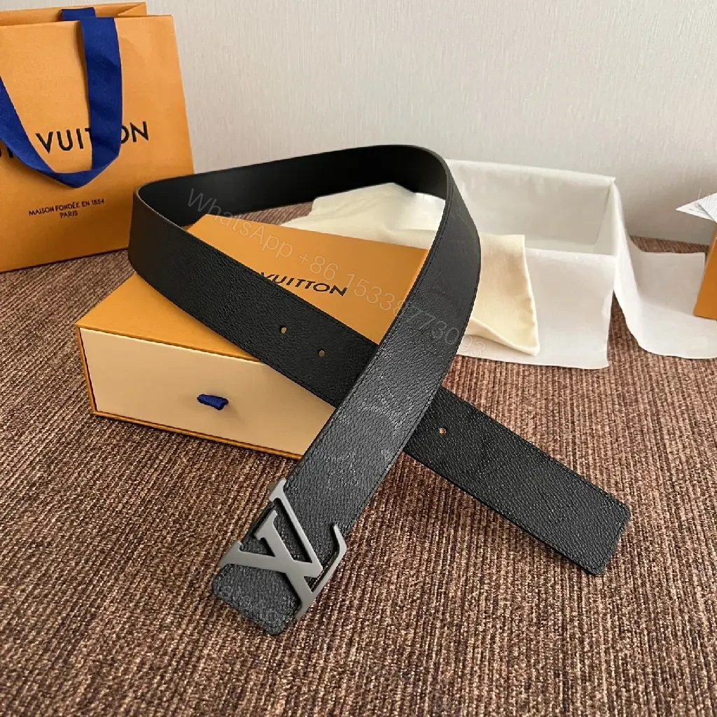 View 8 of Black Leather Belt Matte LV Buckle Slim Width - Center Front