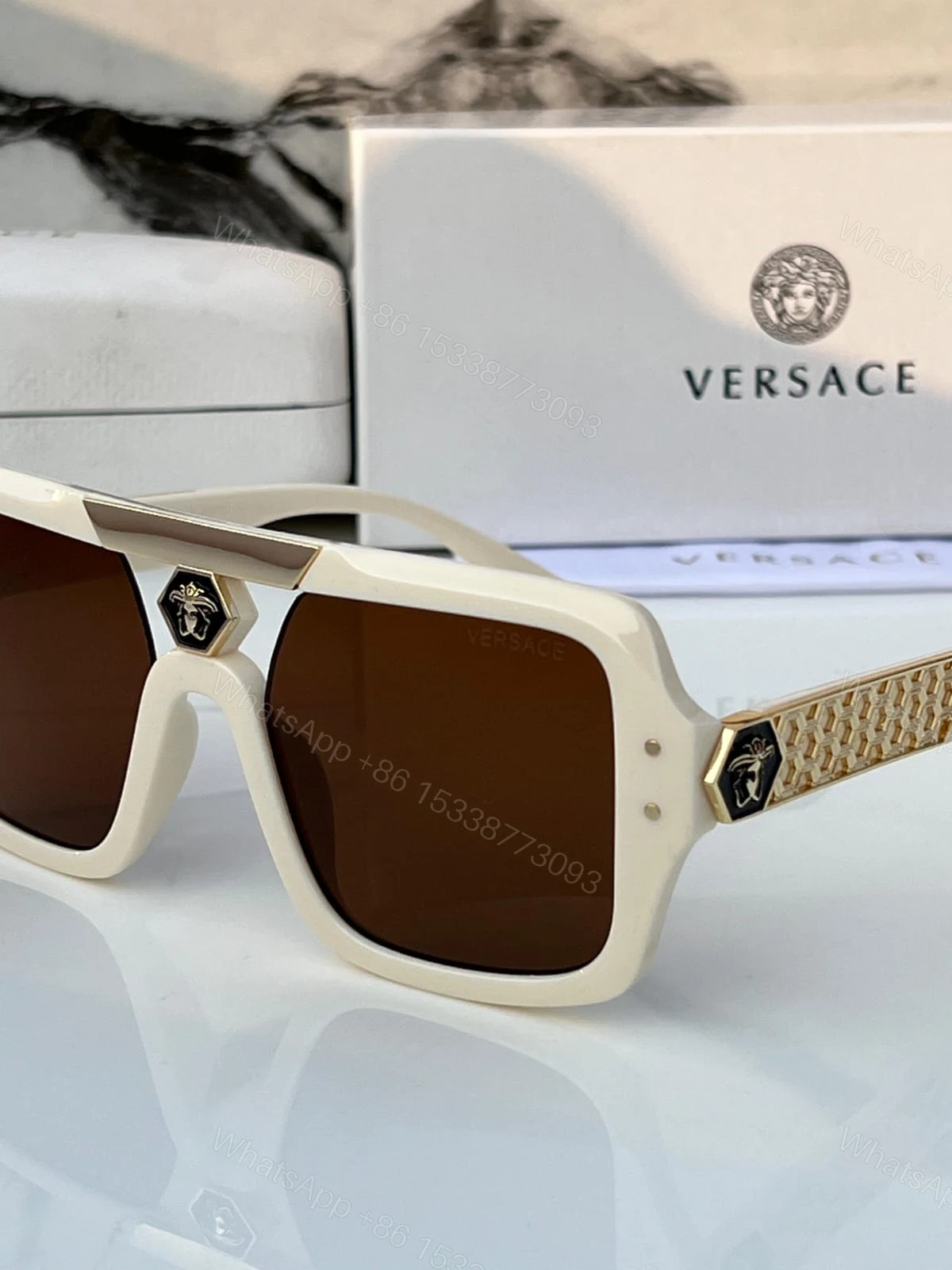 View 6 of Versace Sunglasses Rectangular Off-White Brown Gradient