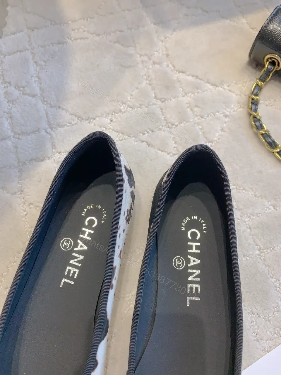 View 3 of Navy Leather Bicolor Ballet Flats with Leopard Panels, Comfort