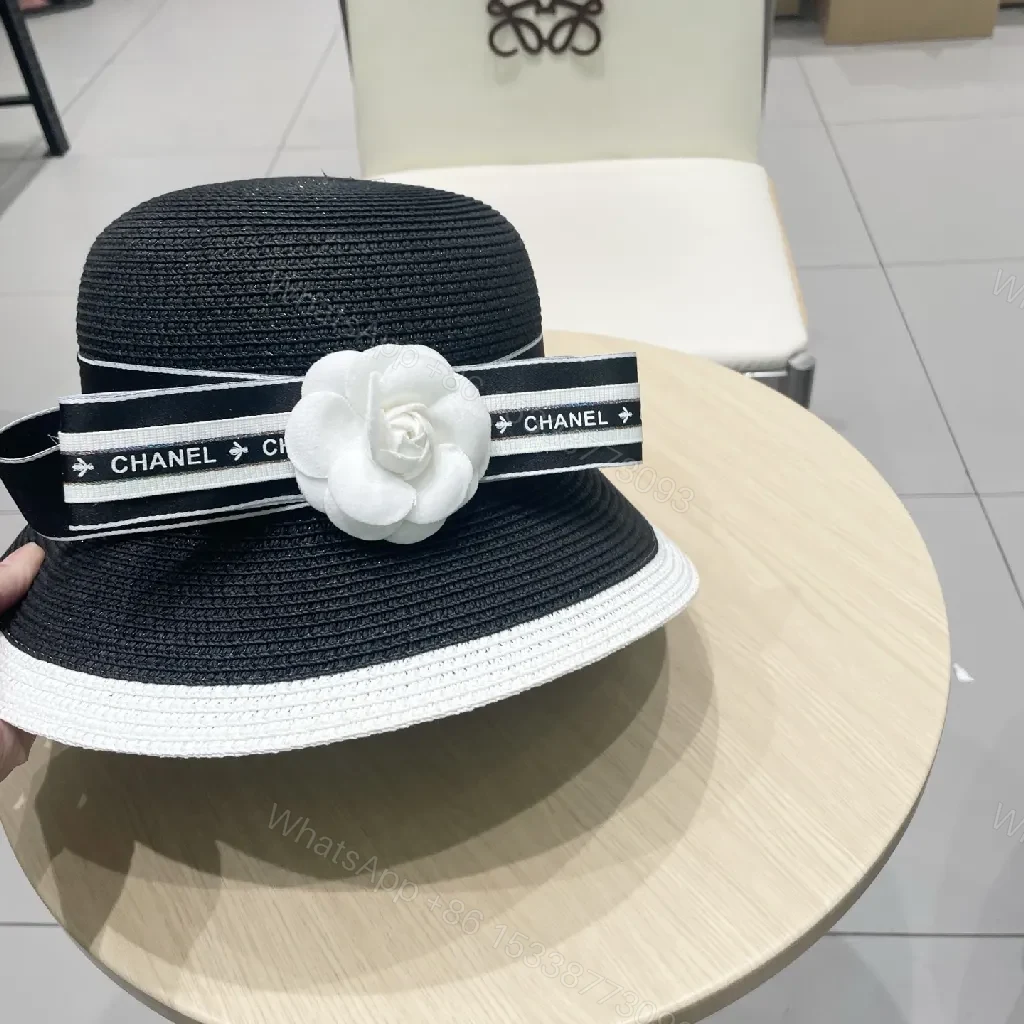 View 7 of Black-White Straw Hat with Ribbon Flower Accent - Sun Ready Couture-style Hat