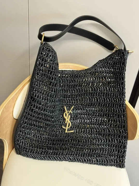 View 9 of Textured Crochet Shoulder Bag with Gold YSL Logo, Luxury Style