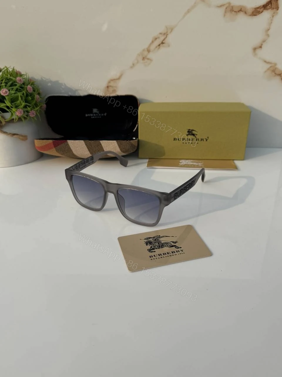 First Copy Burberry Grey Square Unisex Sunglasses UV Protection Luxury Style — view 1