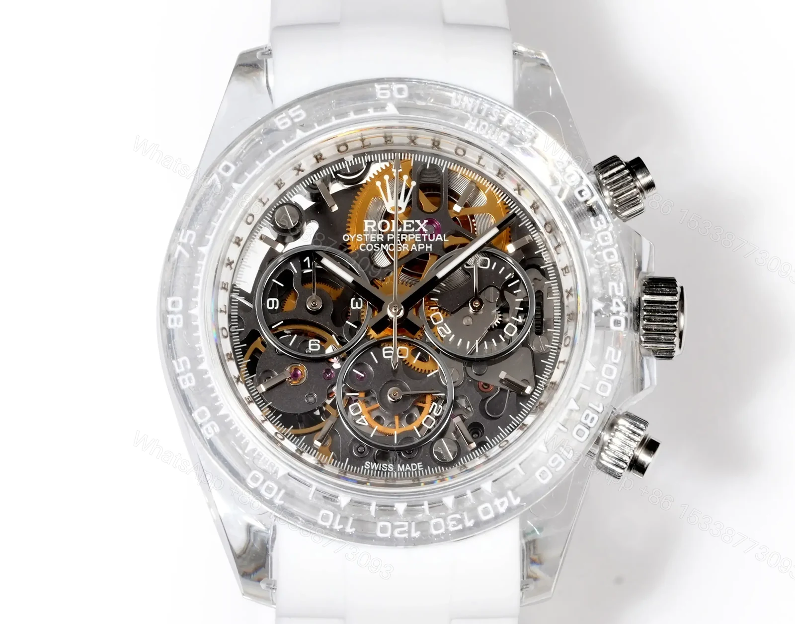 View 2 of Rolex Daytona Skeleton White Sapphire replica 40MM White Rubber Strap Edition RG-DAYTONA-SKELETON-WHITE-SAPPHIRE-RUBBER-40